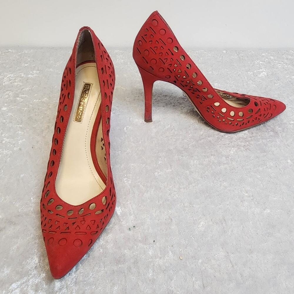 BCBGeneration Topaz Womens Candy Red Leather Cut-Out Pointed Toe Pumps-Size 5.5M